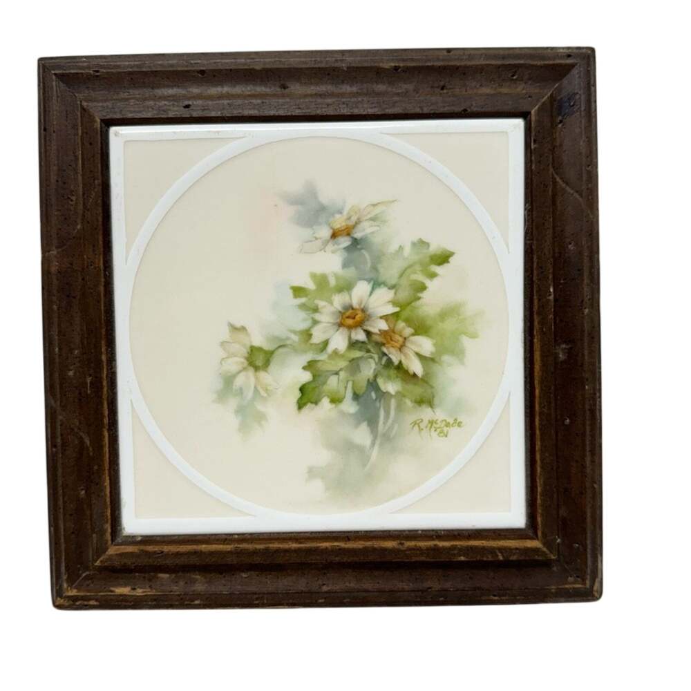 Vintage Porcelain Tile Wood Framed Hand Painted Flowers Artist Signed 1981 8.5in